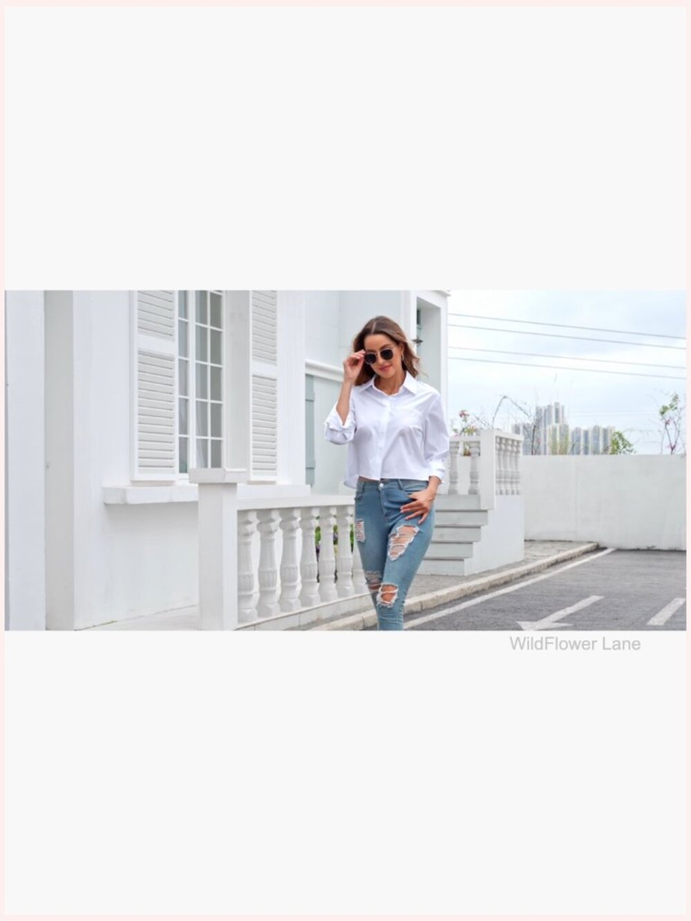 Button Down Crop Top Long Sleeve Blouse with Pocket - Picture 6 of 7